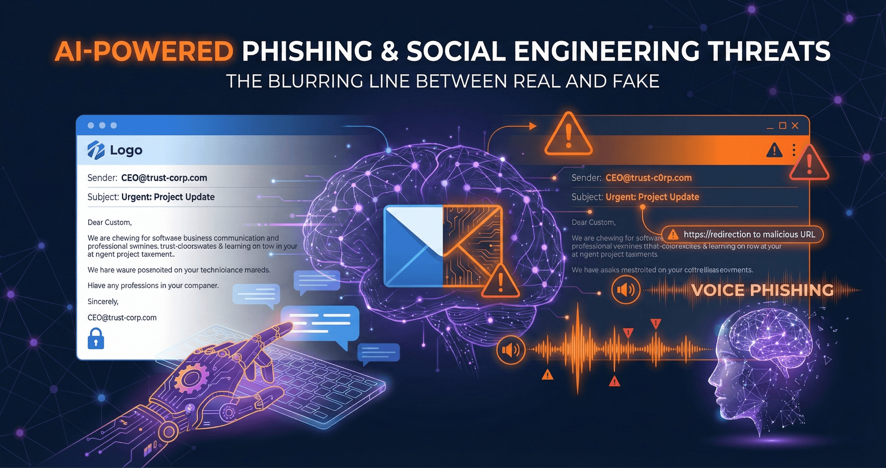 Abstract representation of AI-generated phishing threats with neural network patterns