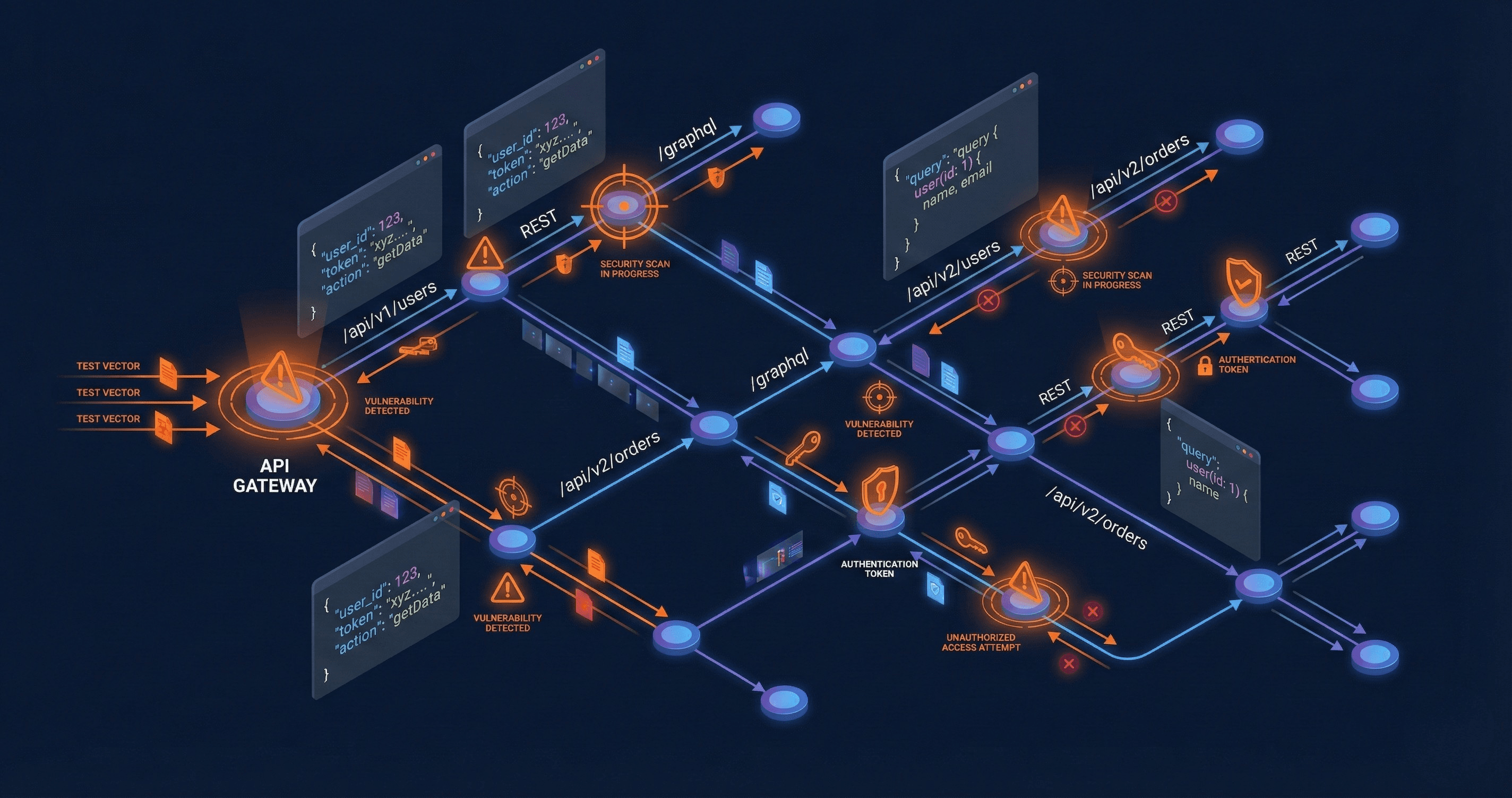 API architecture visualization showing security testing points and vulnerabilities