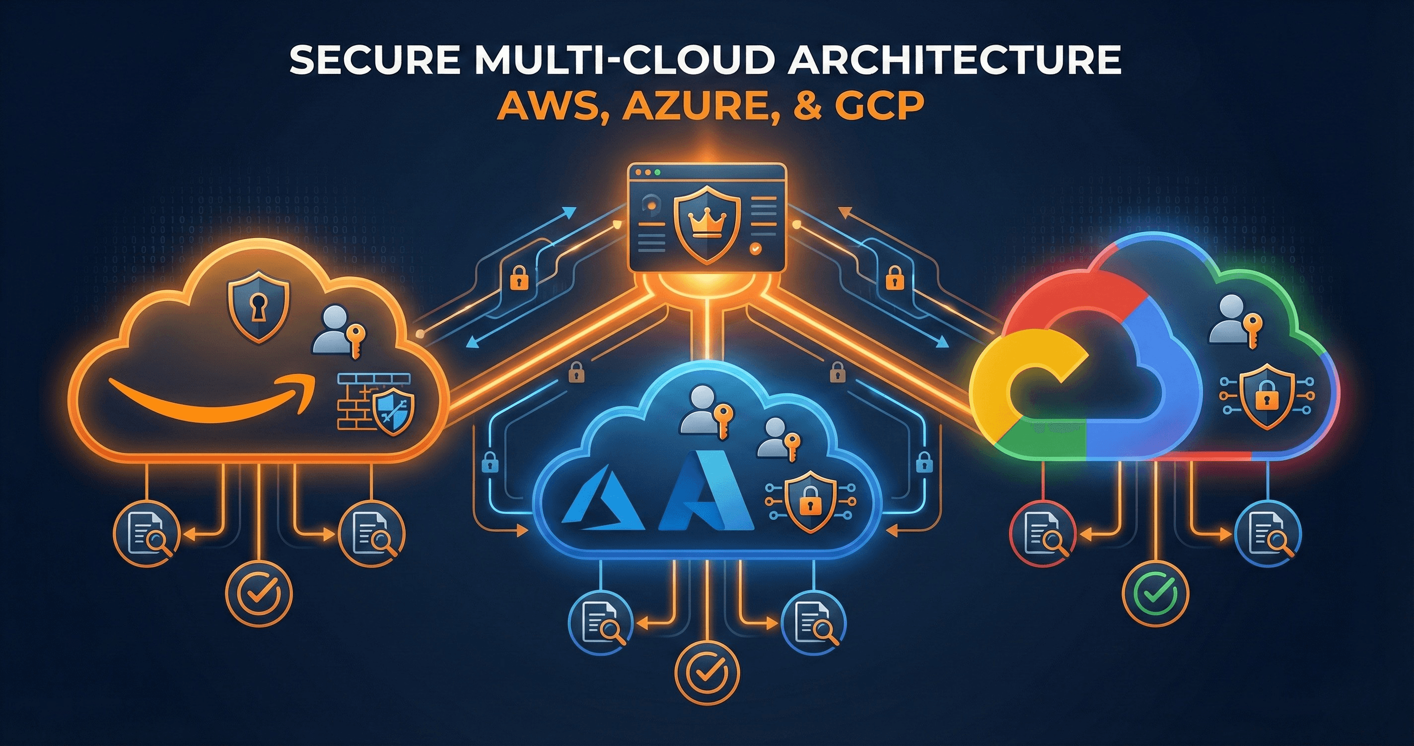 Multi-cloud architecture visualization showing security across AWS, Azure, and GCP
