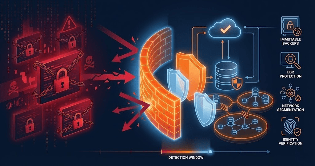 Abstract visualization of ransomware threat landscape with defensive measures