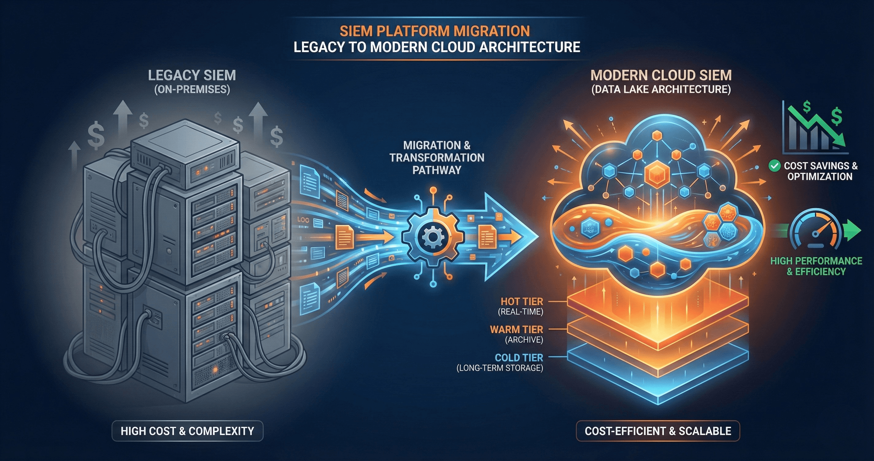 Data migration visualization showing transition from legacy to modern security platforms